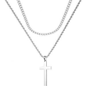 Cross Necklace for Men Silver Double Layered Cross Pendant Necklace Trendy